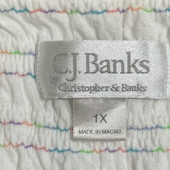 CJ Banks Womens Size 1X Pullover Spring Easter Cropped Shirt White Multi Stripe - Picture 2 of 6